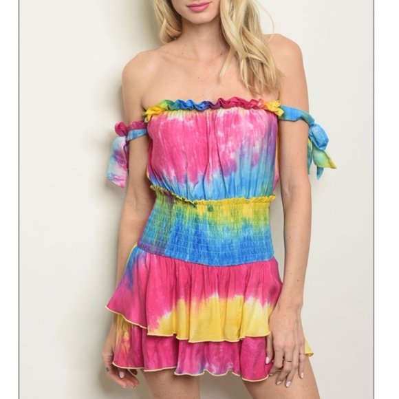 Pants - Tie-Dye Short sleeve off-shoulder romper minidress